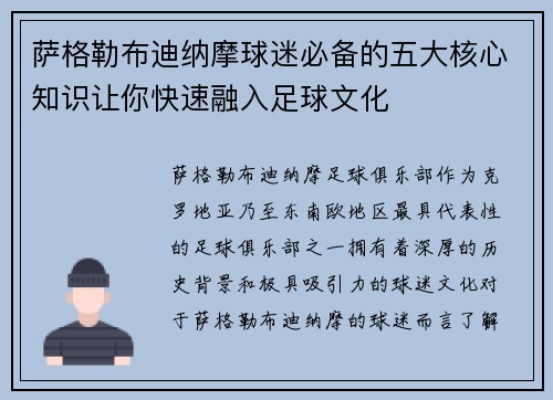 萨格勒布迪纳摩球迷必备的五大核心知识让你快速融入足球文化