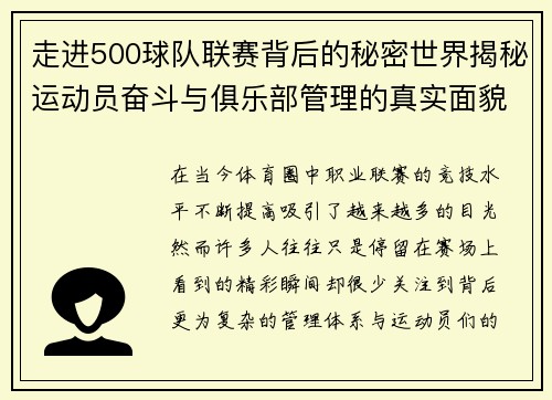 走进500球队联赛背后的秘密世界揭秘运动员奋斗与俱乐部管理的真实面貌 走进500球队联赛背后的秘密世界揭秘运动员奋斗与俱乐部管理的真实面貌